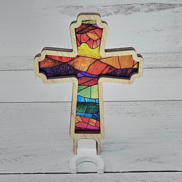 Cross Night Light Plug In Religious Home Decor Stained Glass Look Handcrafted - Picture 7 of 11